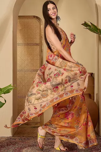 Orange floral printed  linen sarees with blouse piece