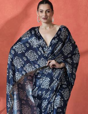 Blue ready to wear satin floral digital printed saree 4