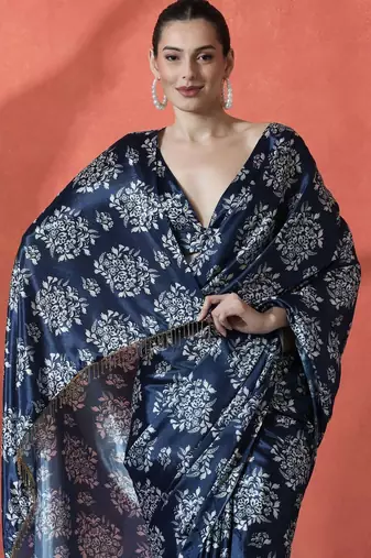 Blue ready to wear satin floral digital printed saree
