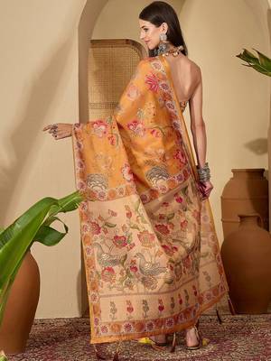 Orange floral printed  linen sarees with blouse piece 5