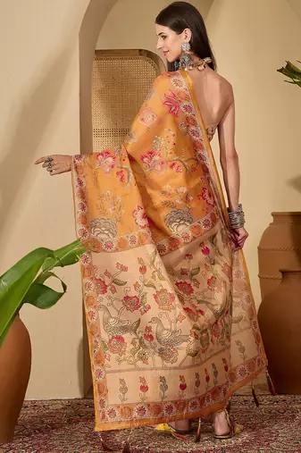 Orange floral printed  linen sarees with blouse piece