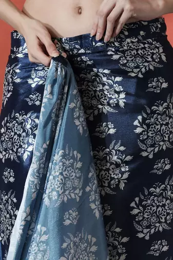 Blue ready to wear satin floral digital printed saree