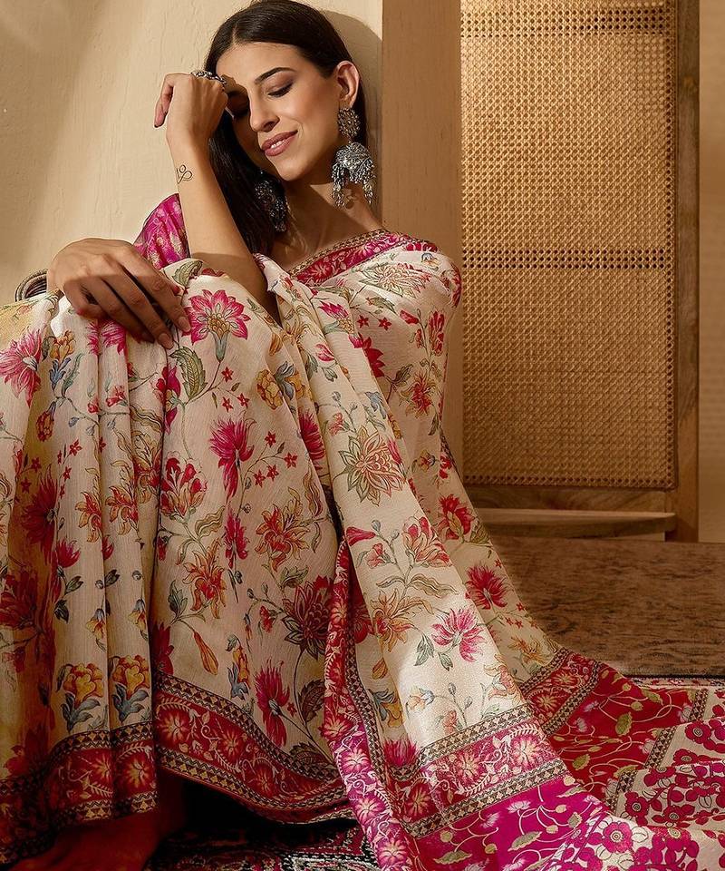 Beige floral printed  linen saree with tassels & unstithced blouse piece