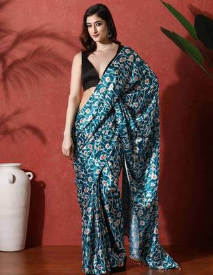 Blue ready to wear satin floral digital printed saree 1