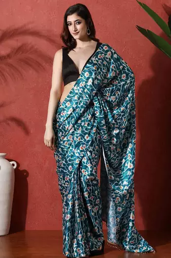 Blue ready to wear satin floral digital printed saree