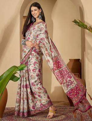 Beige floral printed  linen saree with tassels & unstithced blouse piece 3