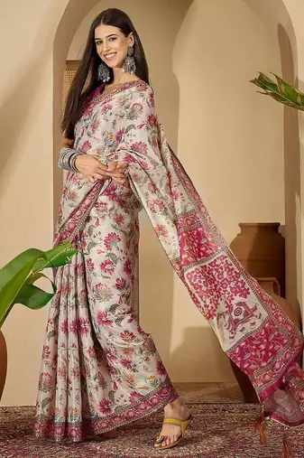 Beige floral printed  linen saree with tassels & unstithced blouse piece