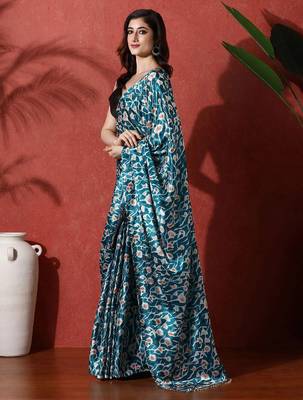 Blue ready to wear satin floral digital printed saree 2