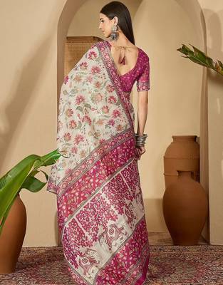 Beige floral printed  linen saree with tassels & unstithced blouse piece 4