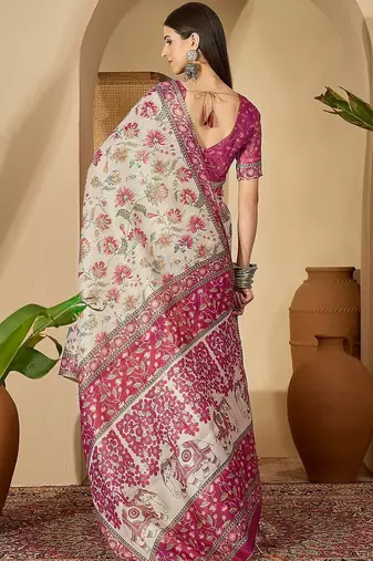 Beige floral printed  linen saree with tassels & unstithced blouse piece