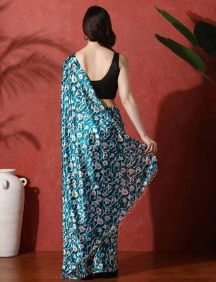 Blue ready to wear satin floral digital printed saree 3
