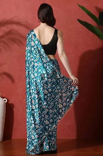 Blue ready to wear satin floral digital printed saree