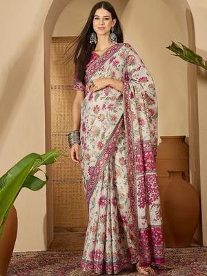 Beige floral printed  linen saree with tassels & unstithced blouse piece 5