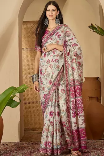 Beige floral printed  linen saree with tassels & unstithced blouse piece