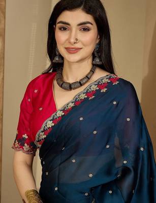 Teal floral embroidered sarees with unstitched blouse piece 1