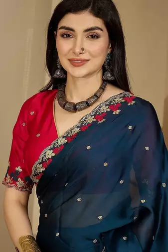 Teal floral embroidered sarees with unstitched blouse piece