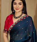 Teal floral embroidered sarees with unstitched blouse piece