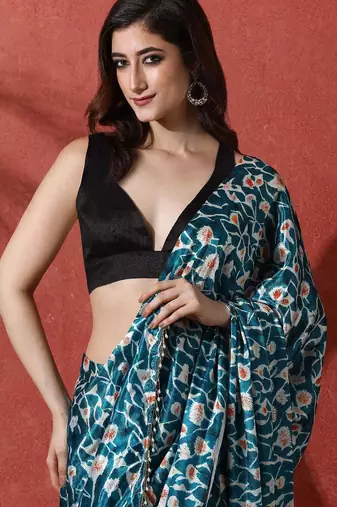 Blue ready to wear satin floral digital printed saree