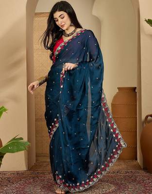 Teal floral embroidered sarees with unstitched blouse piece 2