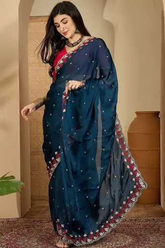 Teal floral embroidered sarees with unstitched blouse piece