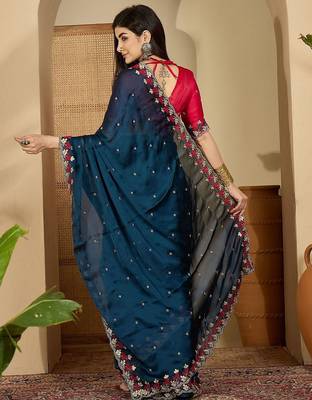 Teal floral embroidered sarees with unstitched blouse piece 3