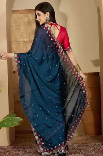 Teal floral embroidered sarees with unstitched blouse piece