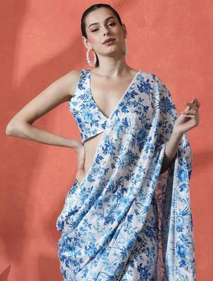 Blue ready to wear satin floral digital printed saree 1