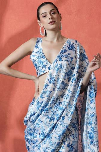 Blue ready to wear satin floral digital printed saree