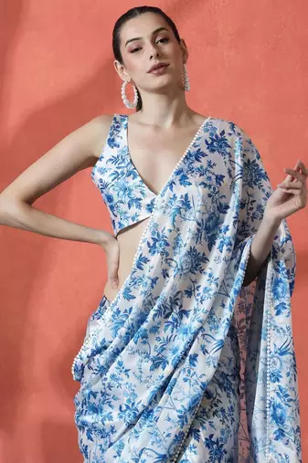 Blue ready to wear satin floral digital printed saree