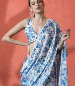 Blue ready to wear satin floral digital printed saree