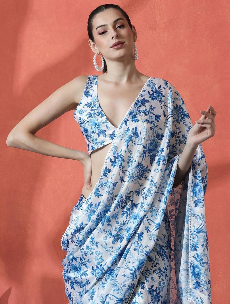 Blue ready to wear satin floral digital printed saree