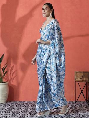 Blue ready to wear satin floral digital printed saree 2