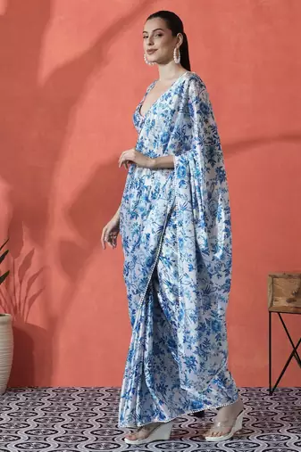 Blue ready to wear satin floral digital printed saree