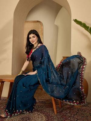 Teal floral embroidered sarees with unstitched blouse piece 4
