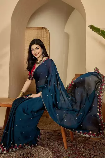 Teal floral embroidered sarees with unstitched blouse piece