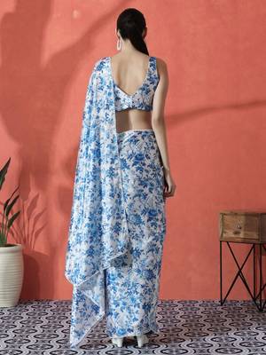 Blue ready to wear satin floral digital printed saree 3