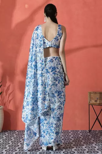 Blue ready to wear satin floral digital printed saree