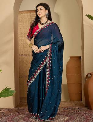 Teal floral embroidered sarees with unstitched blouse piece 5