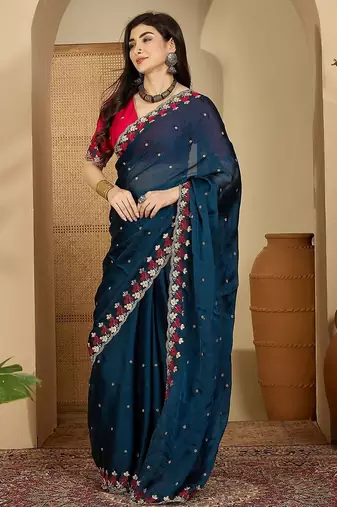 Teal floral embroidered sarees with unstitched blouse piece