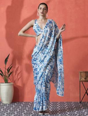 Blue ready to wear satin floral digital printed saree 4