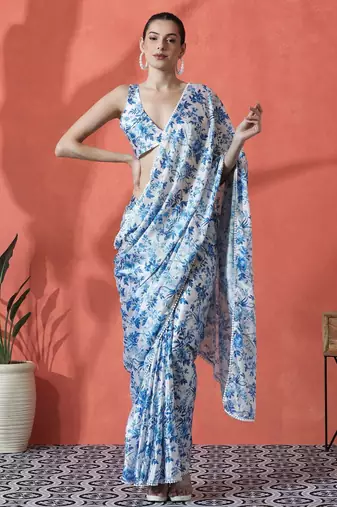 Blue ready to wear satin floral digital printed saree