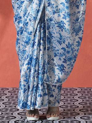 Blue ready to wear satin floral digital printed saree 5