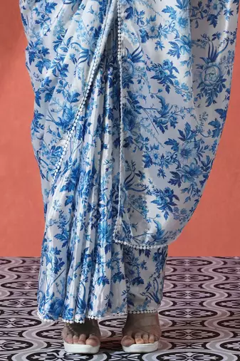 Blue ready to wear satin floral digital printed saree