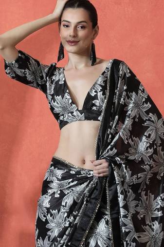 Black satin floral printed embellished printed mirror work ready to wear saree