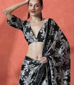 Black satin floral printed embellished printed mirror work ready to wear saree