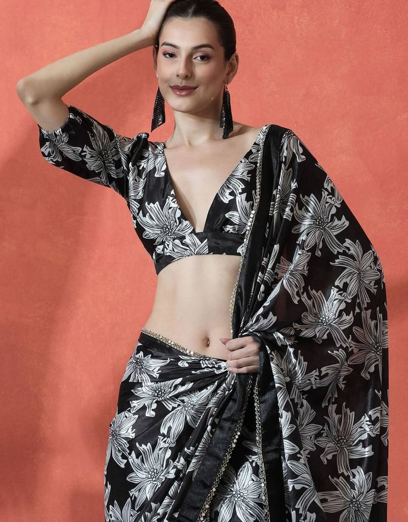 Black satin floral printed embellished printed mirror work ready to wear saree