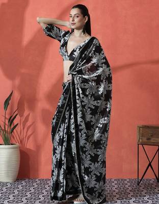 Black satin floral printed embellished printed mirror work ready to wear saree 2
