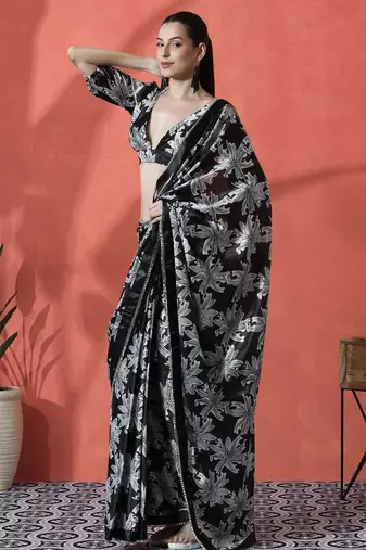 Black satin floral printed embellished printed mirror work ready to wear saree