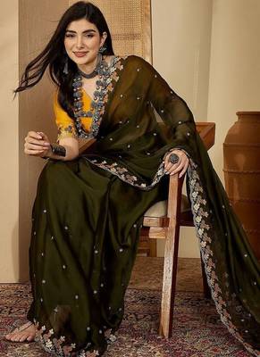 Olive embroidered party saree with blouse 1