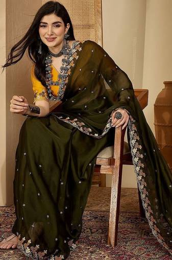 Olive embroidered party saree with blouse